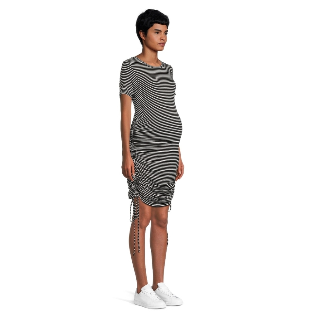 Destination Maternity Short Sleeve Side Ruched Ribbed Bodycon Dress | Stripe - Picture 4 of 11